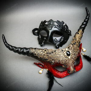 Masquerade Mask & Red & Black Horned Devil Eye Mask Couple Mask Set